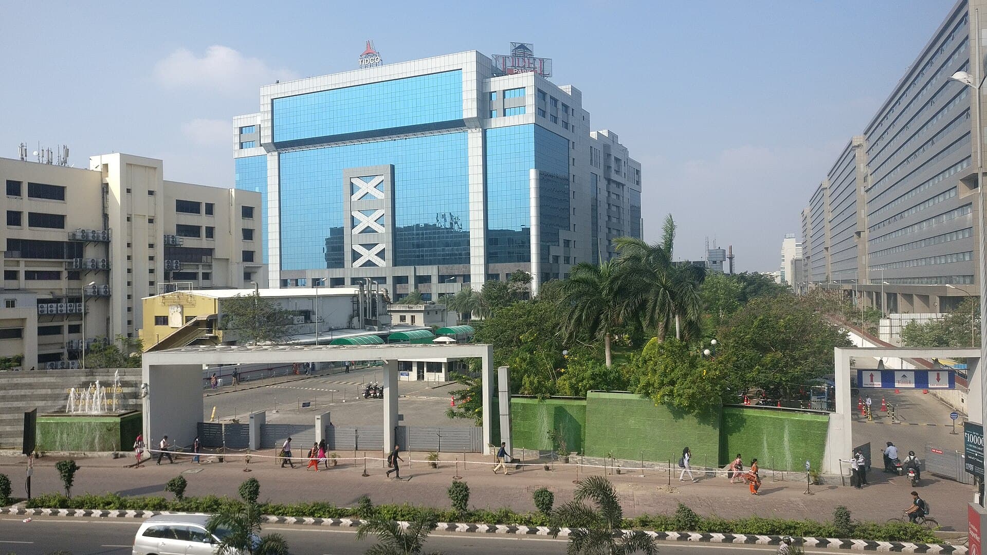 Tidel Park and Ramanujan IT City office buildings on the OMR IT corridor, Chennai, seen from Thiruvanmiyur station